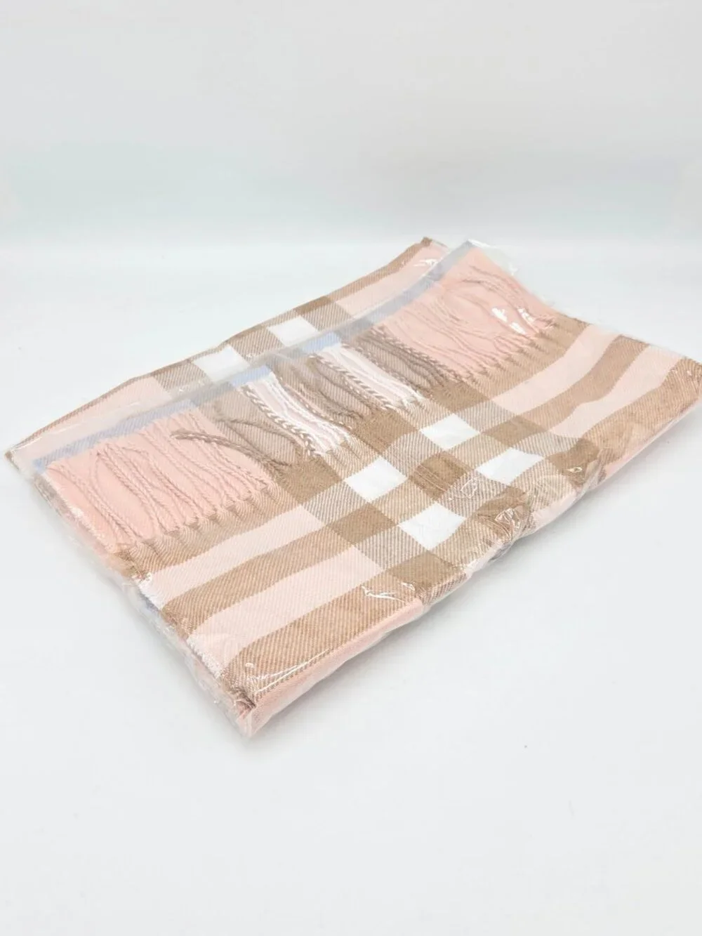 Plaid Cashmere Scarf - Pink, tan, blue, white, and cream